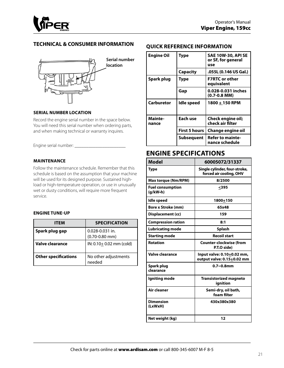 Engine specifications | EarthQuake 60005072 User Manual | Page 21 / 24