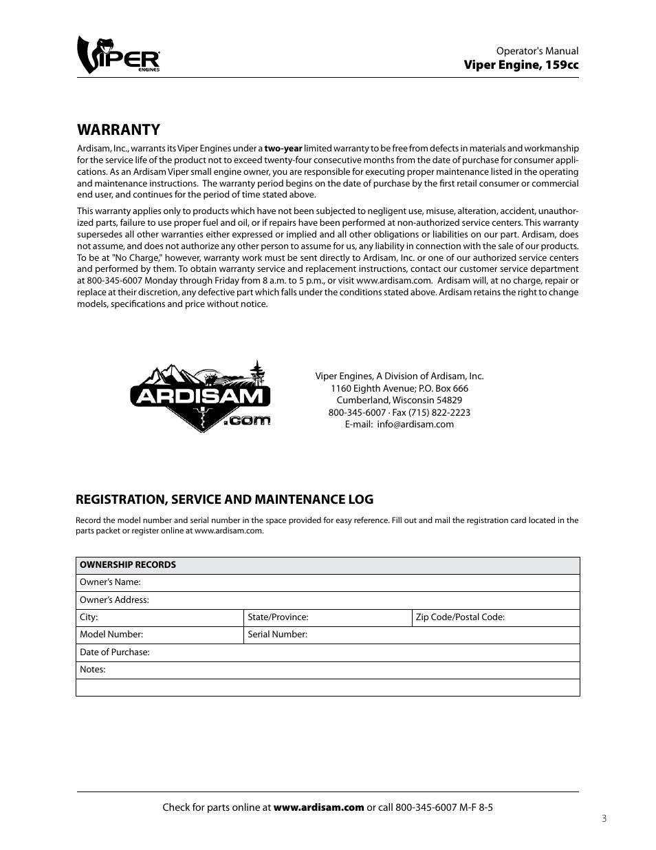 Warranty, Registration, service and maintenance log, Viper engine, 159cc | EarthQuake 60005072 User Manual | Page 3 / 24