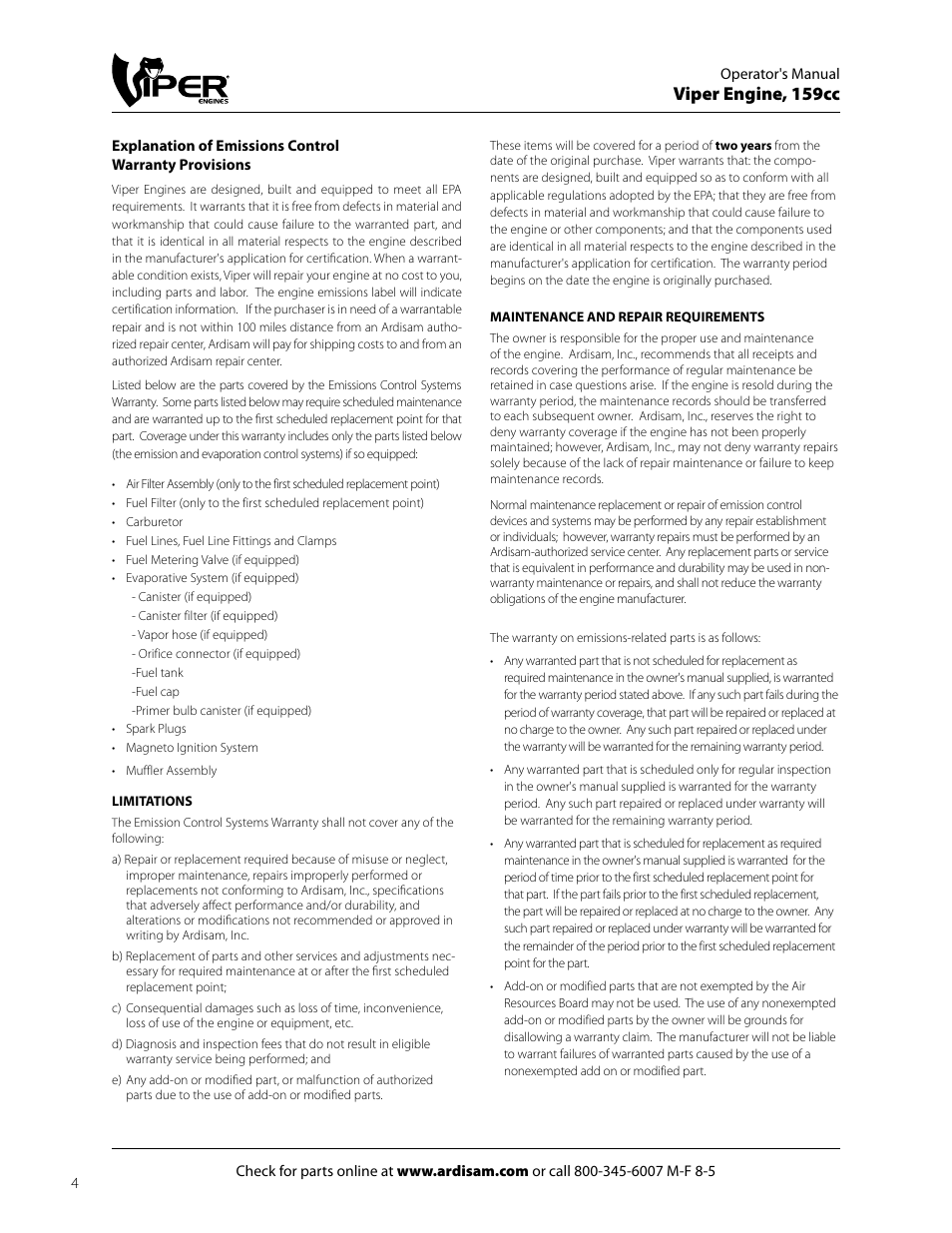 Viper engine, 159cc | EarthQuake 60005072 User Manual | Page 4 / 24