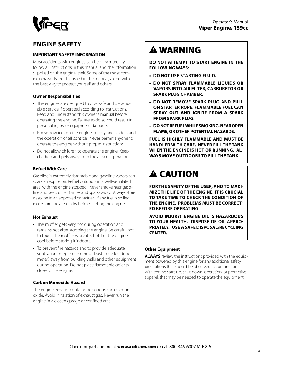 Caution, Warning, Engine safety | EarthQuake 60005072 User Manual | Page 9 / 24