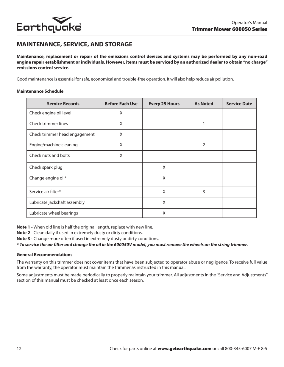 Maintenance, service, and storage | EarthQuake 600050B User Manual | Page 12 / 84