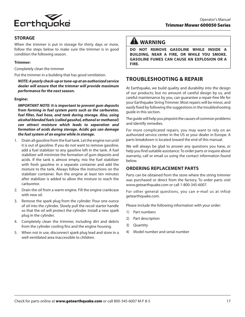 Troubleshooting & repair, Warning | EarthQuake 600050B User Manual | Page 17 / 84