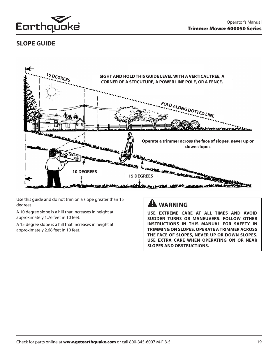 Slope guide, Warning | EarthQuake 600050B User Manual | Page 19 / 84