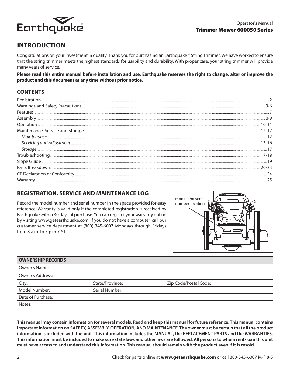 Introduction, Registration, service and maintenance log | EarthQuake 600050B User Manual | Page 2 / 84