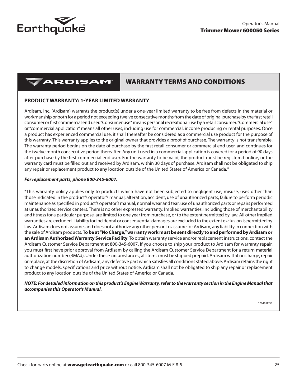 Warranty terms and conditions | EarthQuake 600050B User Manual | Page 25 / 84