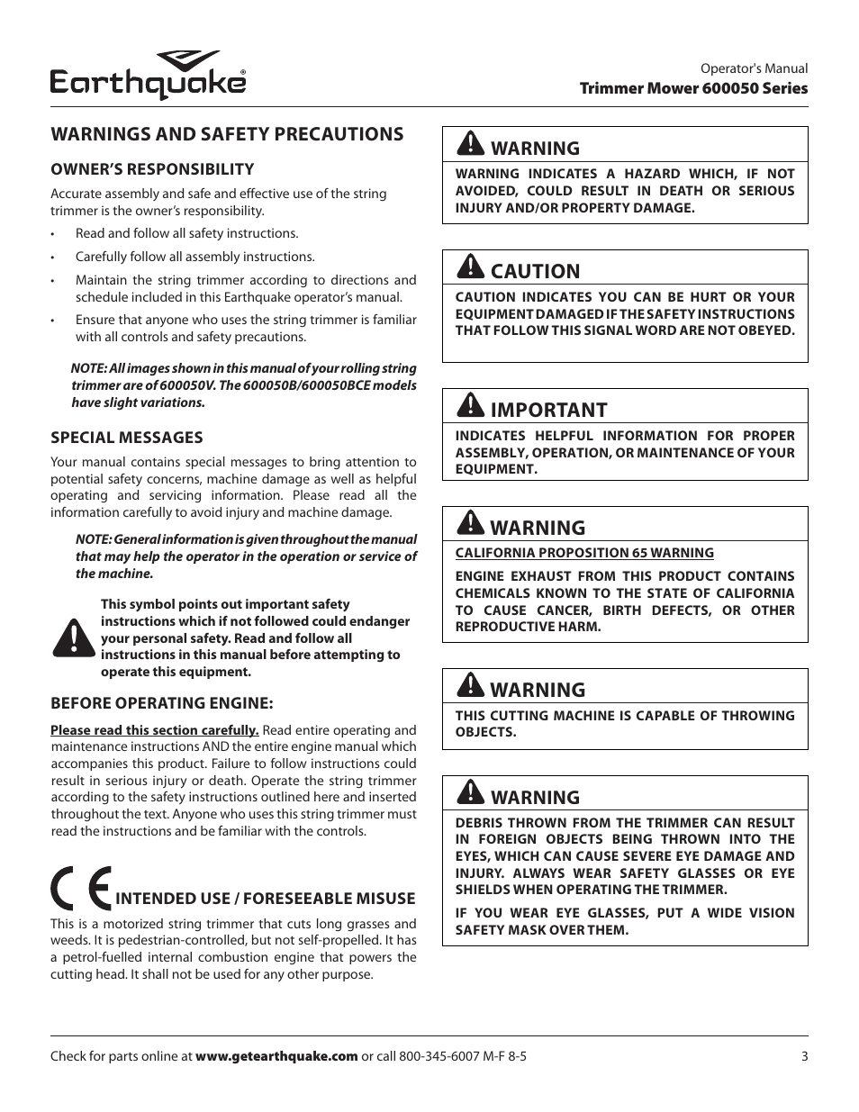 Caution, Important, Warnings and safety precautions | Warning | EarthQuake 600050B User Manual | Page 3 / 84