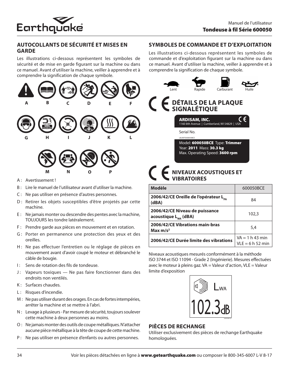 Détails de la plaque signalétique | EarthQuake 600050B User Manual | Page 34 / 84