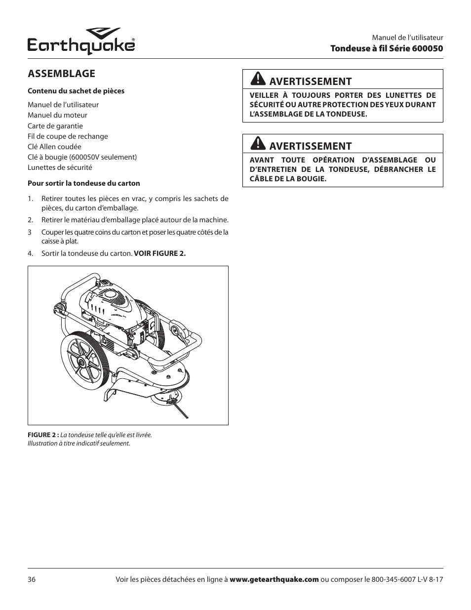 Assemblage, Avertissement | EarthQuake 600050B User Manual | Page 36 / 84