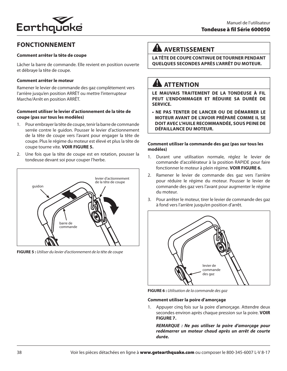 Fonctionnement, Avertissement, Attention | EarthQuake 600050B User Manual | Page 38 / 84