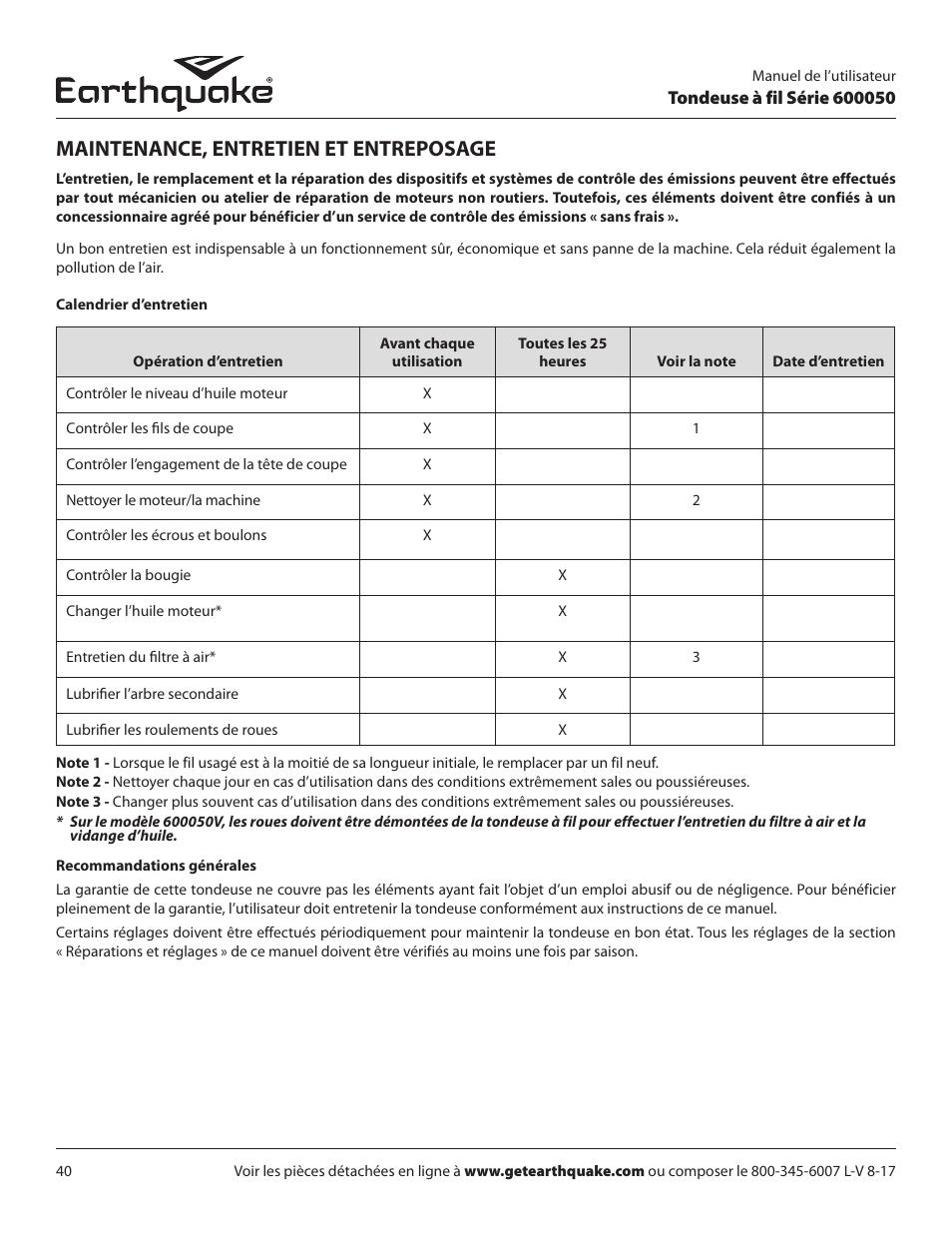 Maintenance, entretien et entreposage | EarthQuake 600050B User Manual | Page 40 / 84