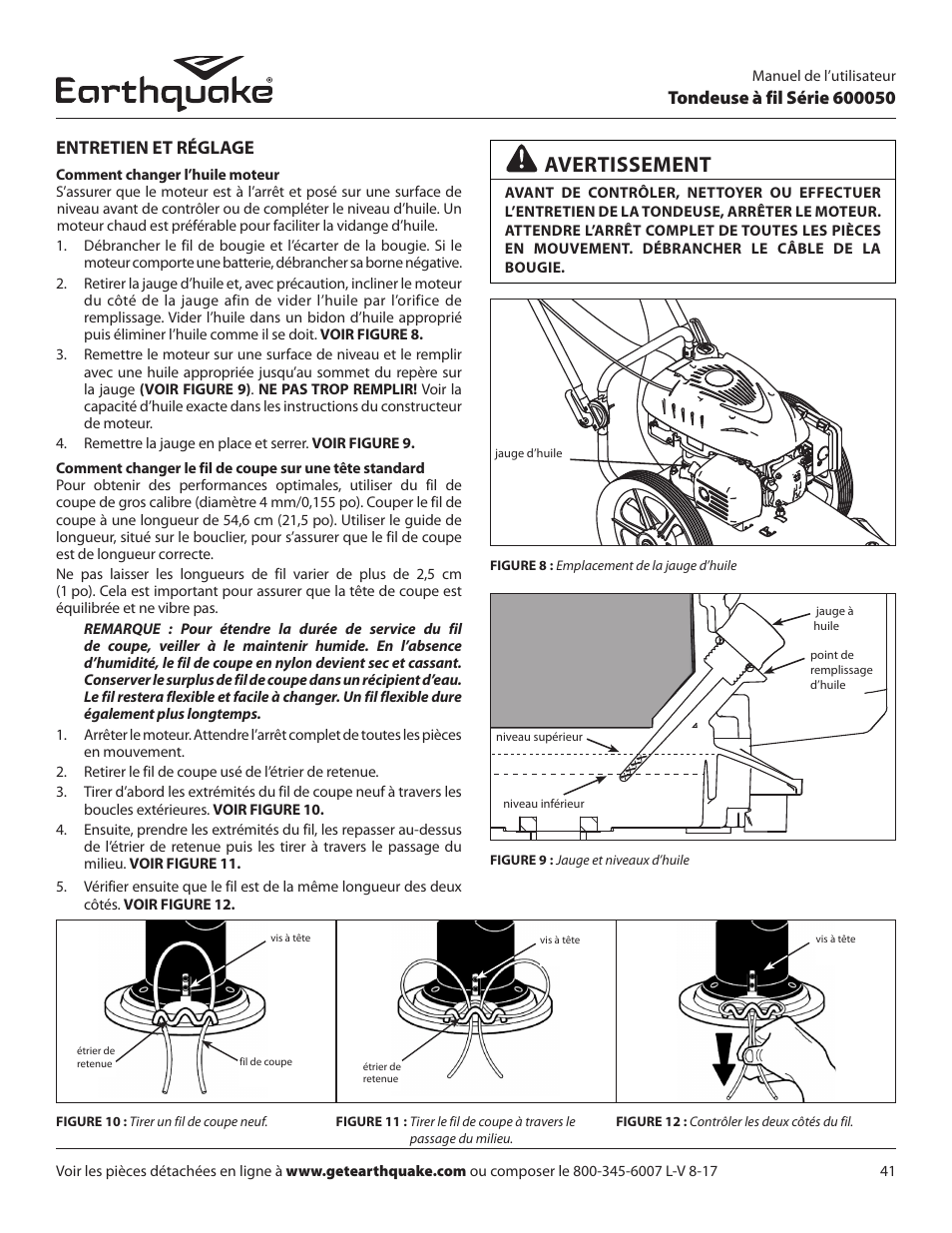 Avertissement, Entretien et réglage | EarthQuake 600050B User Manual | Page 41 / 84