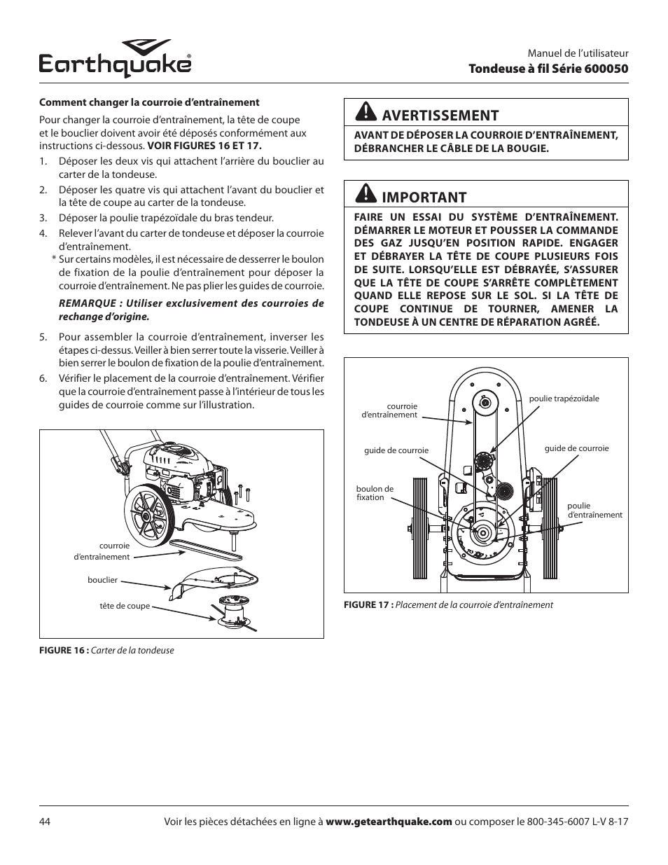 Avertissement, Important | EarthQuake 600050B User Manual | Page 44 / 84