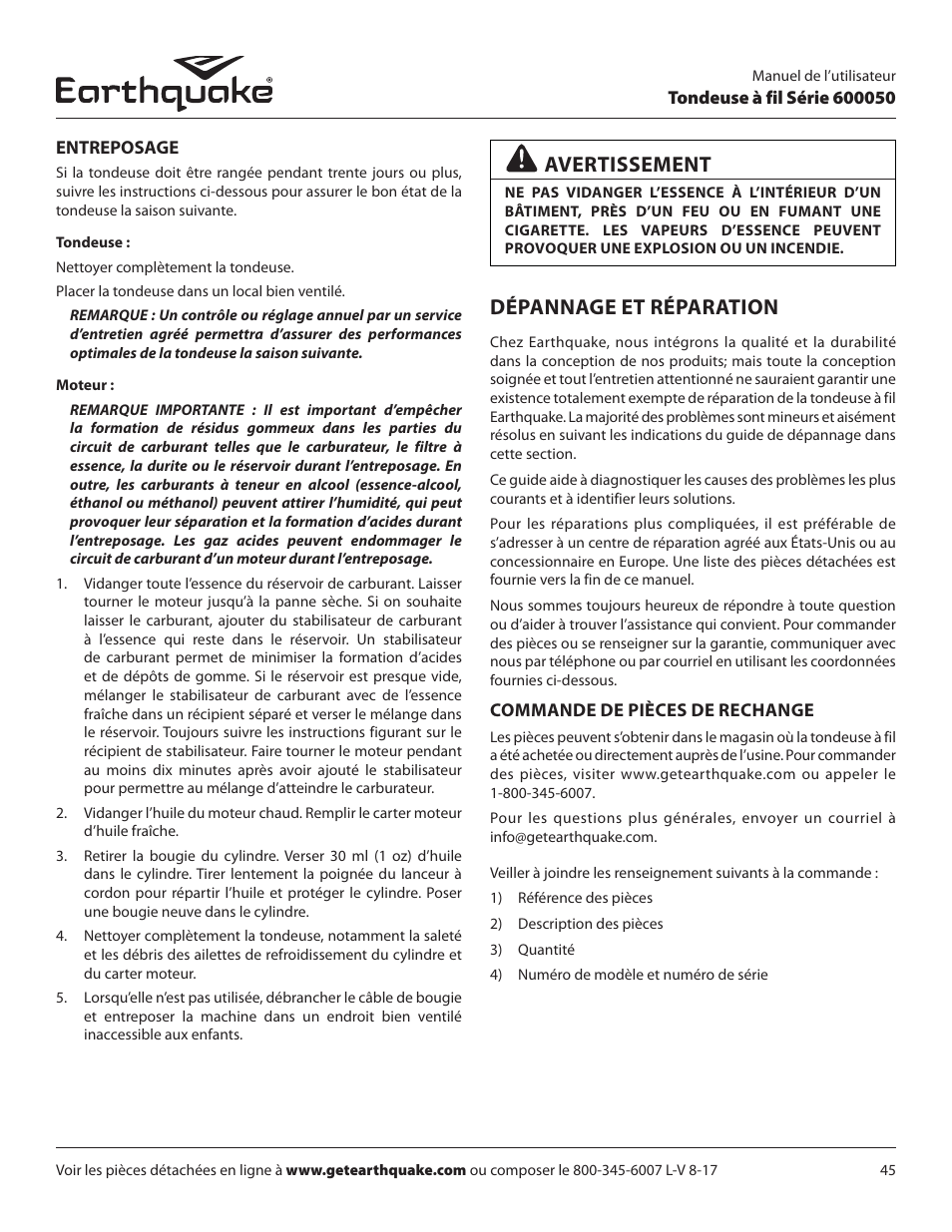 Dépannage et réparation, Avertissement | EarthQuake 600050B User Manual | Page 45 / 84