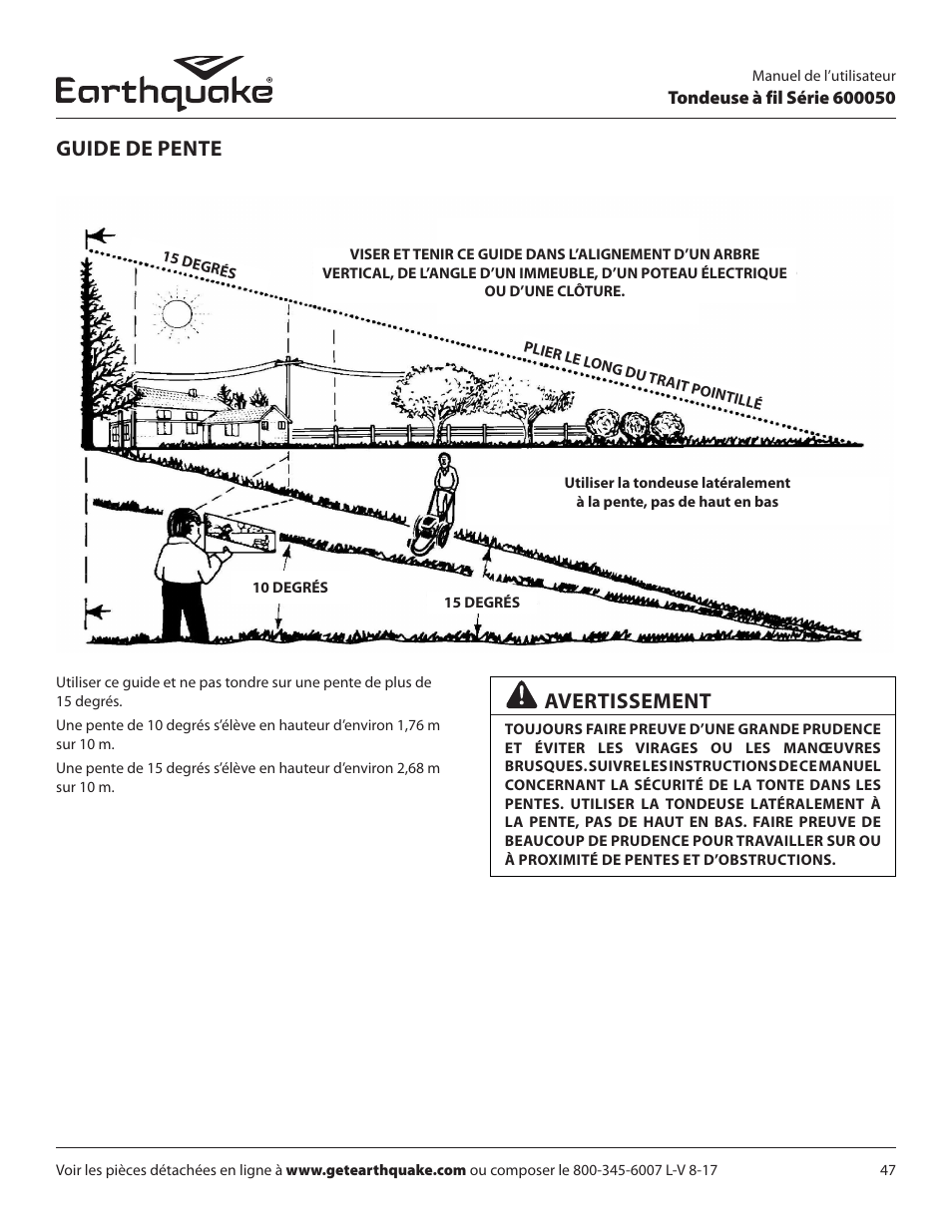 Guide de pente, Avertissement | EarthQuake 600050B User Manual | Page 47 / 84