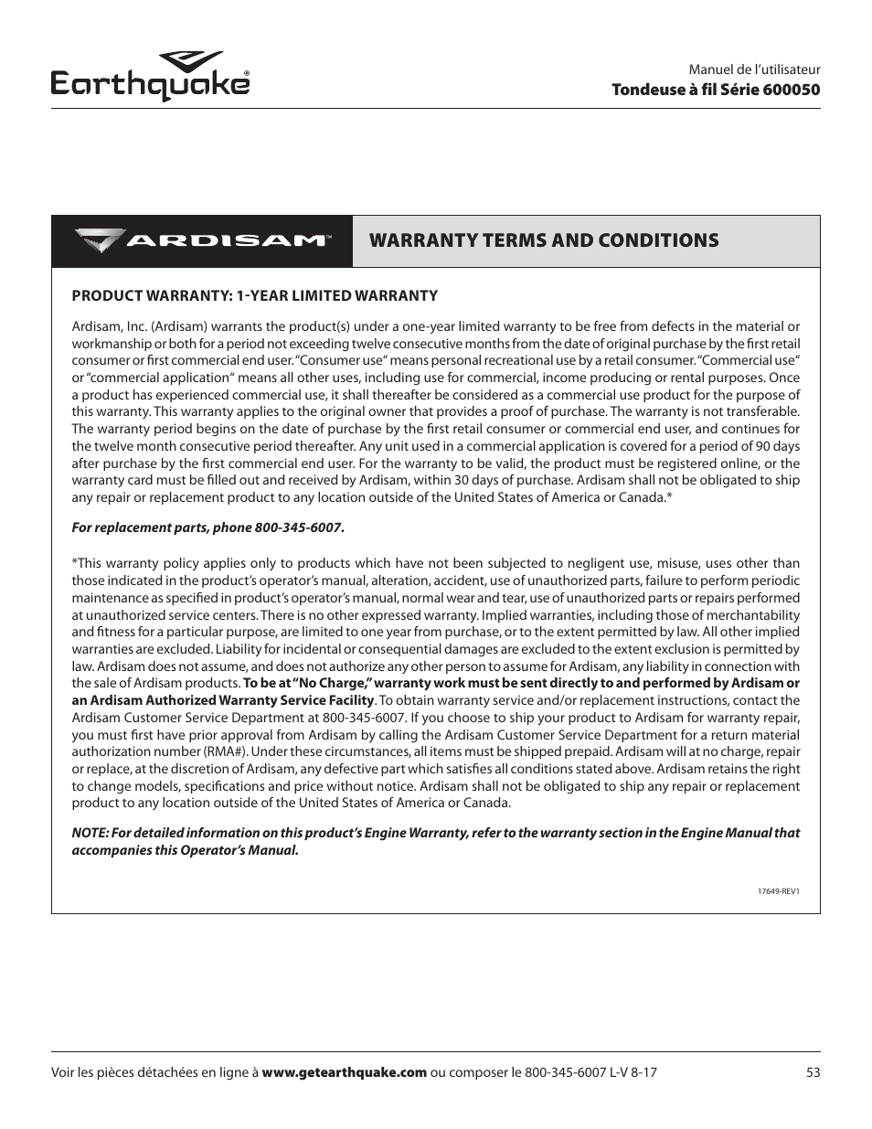 Warranty terms and conditions | EarthQuake 600050B User Manual | Page 53 / 84