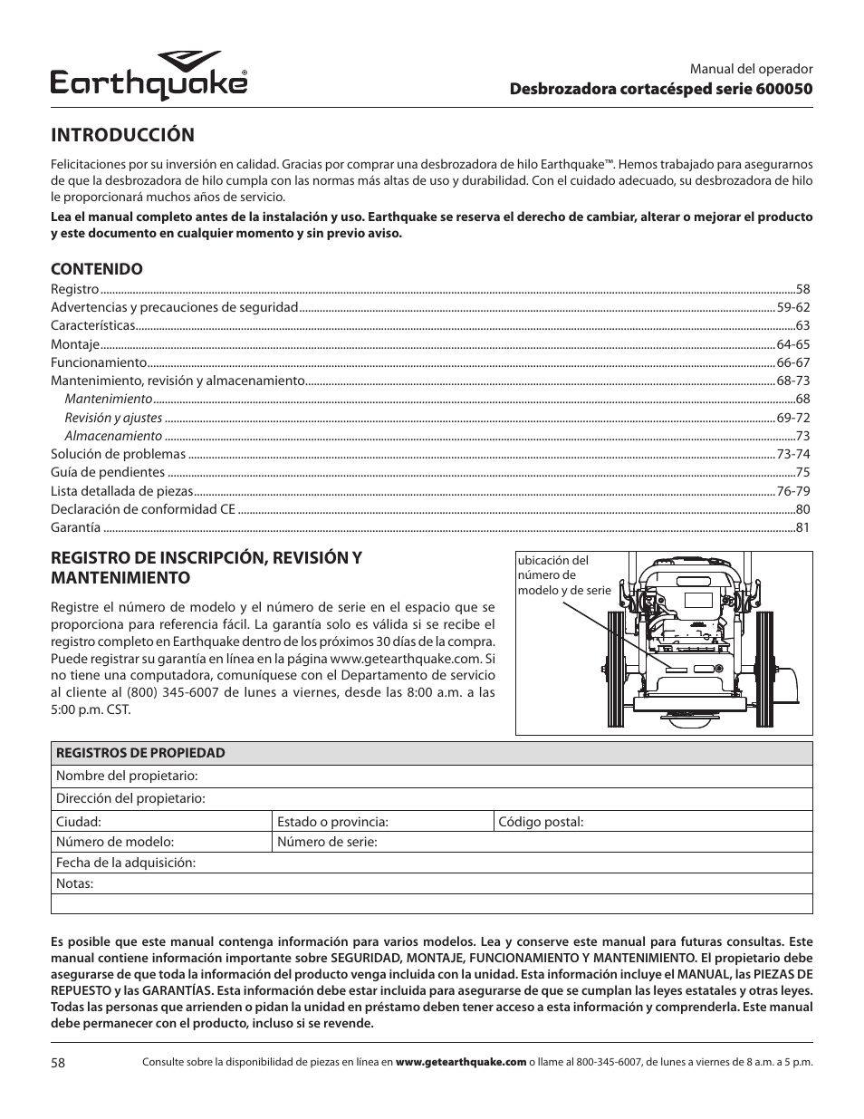 Introducción, Registro de inscripción, revisión y mantenimiento | EarthQuake 600050B User Manual | Page 58 / 84