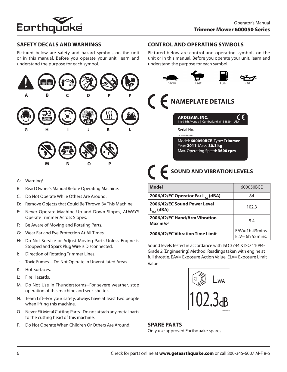 Nameplate details | EarthQuake 600050B User Manual | Page 6 / 84