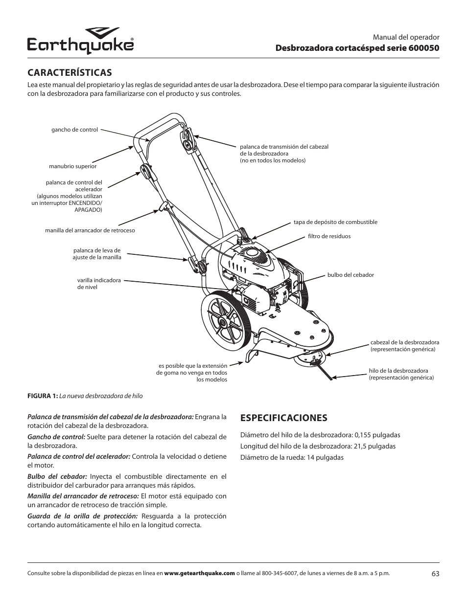 Características, Especificaciones | EarthQuake 600050B User Manual | Page 63 / 84