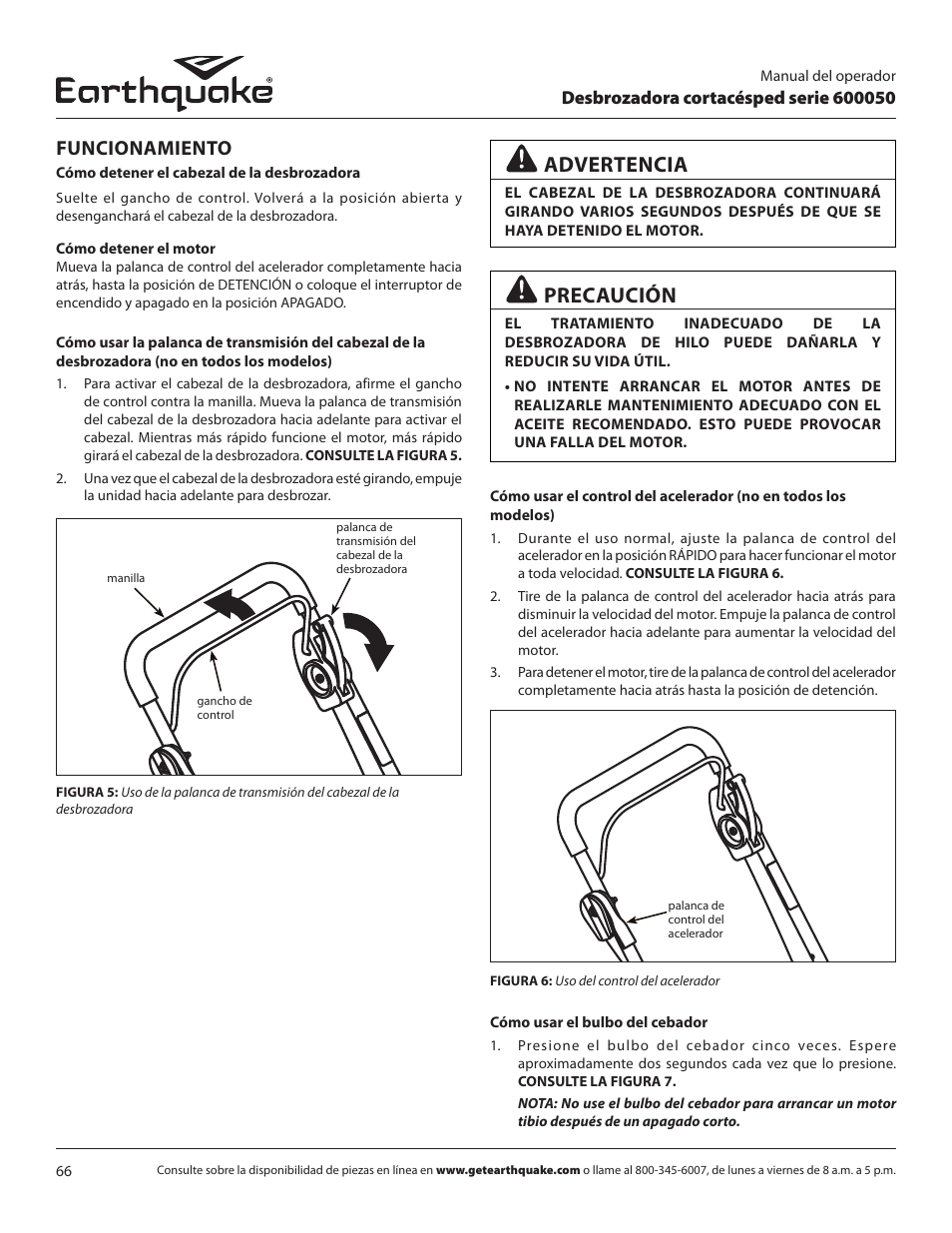 Advertencia, Precaución, Funcionamiento | EarthQuake 600050B User Manual | Page 66 / 84