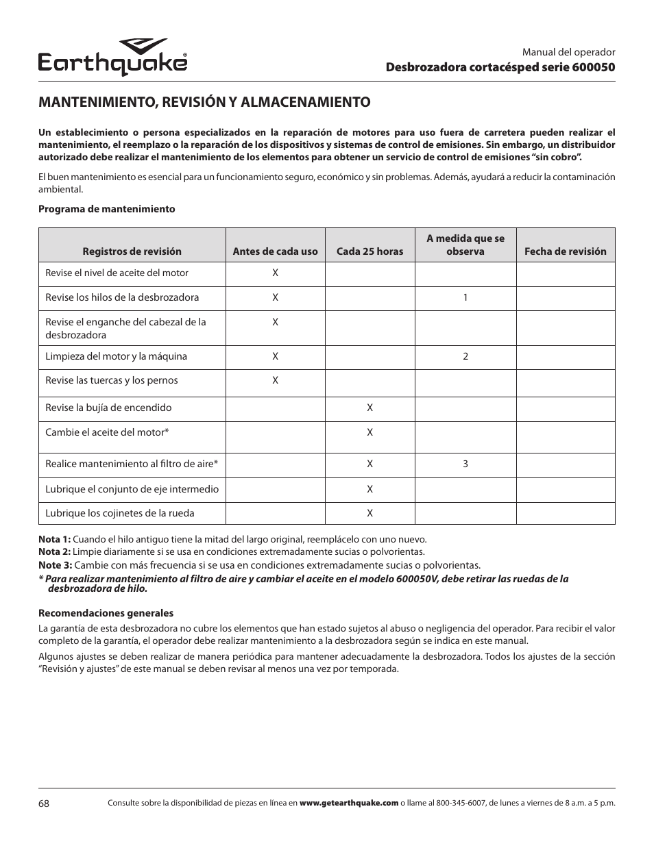 Mantenimiento, revisión y almacenamiento | EarthQuake 600050B User Manual | Page 68 / 84