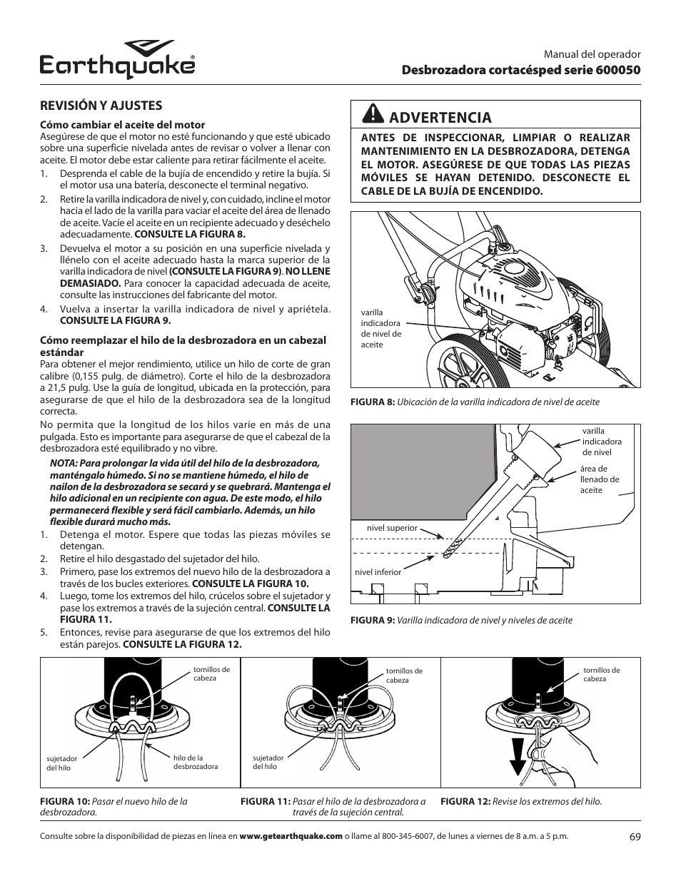 Advertencia, Revisión y ajustes | EarthQuake 600050B User Manual | Page 69 / 84