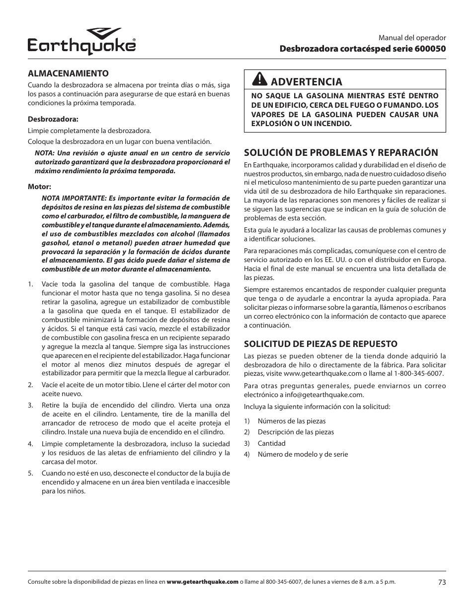 Advertencia, Solución de problemas y reparación | EarthQuake 600050B User Manual | Page 73 / 84