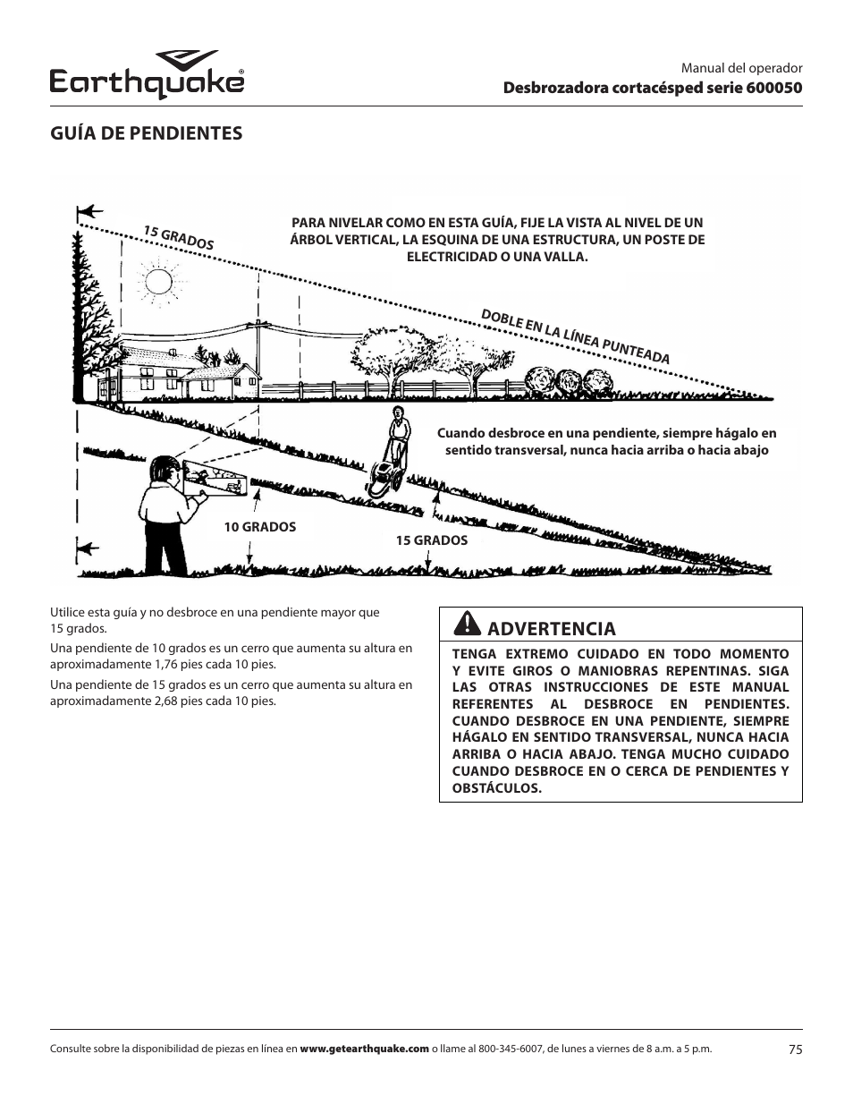 Guía de pendientes, Advertencia | EarthQuake 600050B User Manual | Page 75 / 84