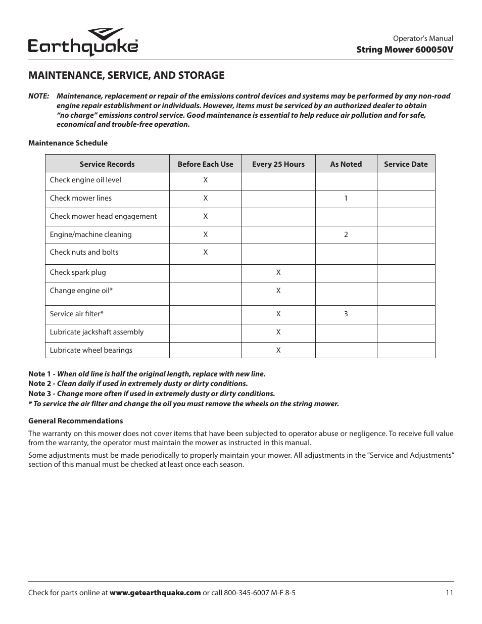 Maintenance, service, and storage | EarthQuake 600050V User Manual | Page 11 / 24