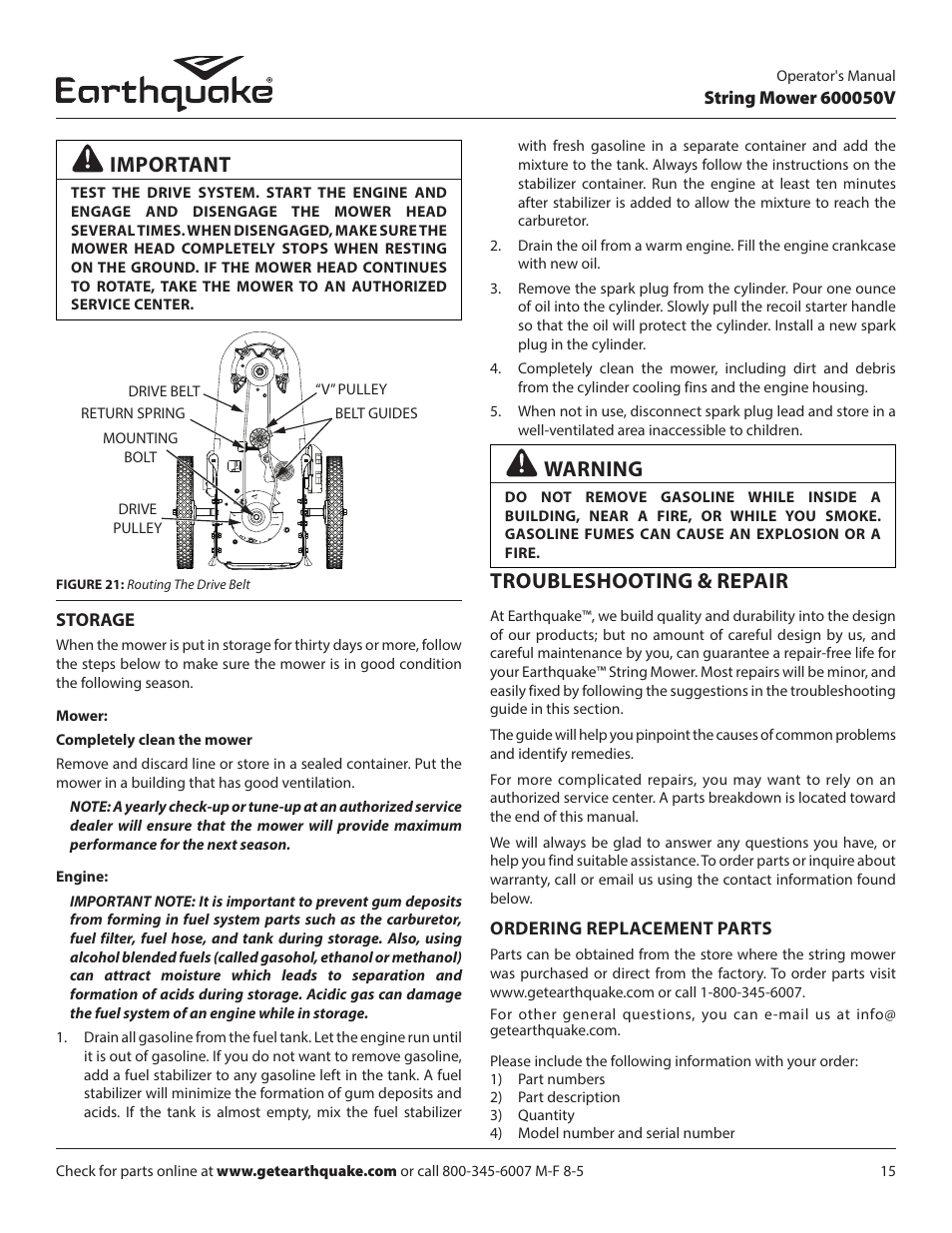 Important, Warning, Troubleshooting & repair | EarthQuake 600050V User Manual | Page 15 / 24