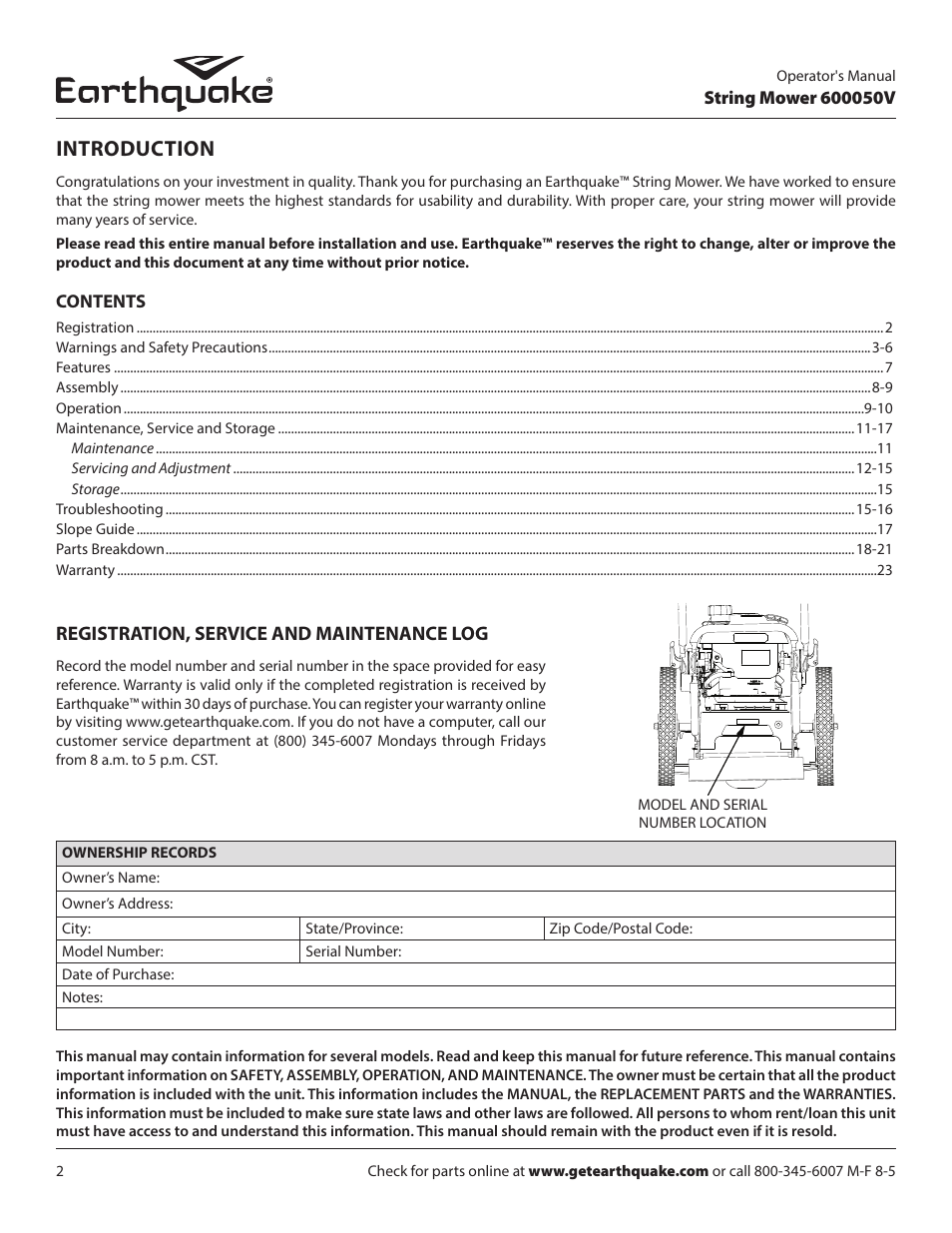 Introduction, Registration, service and maintenance log | EarthQuake 600050V User Manual | Page 2 / 24
