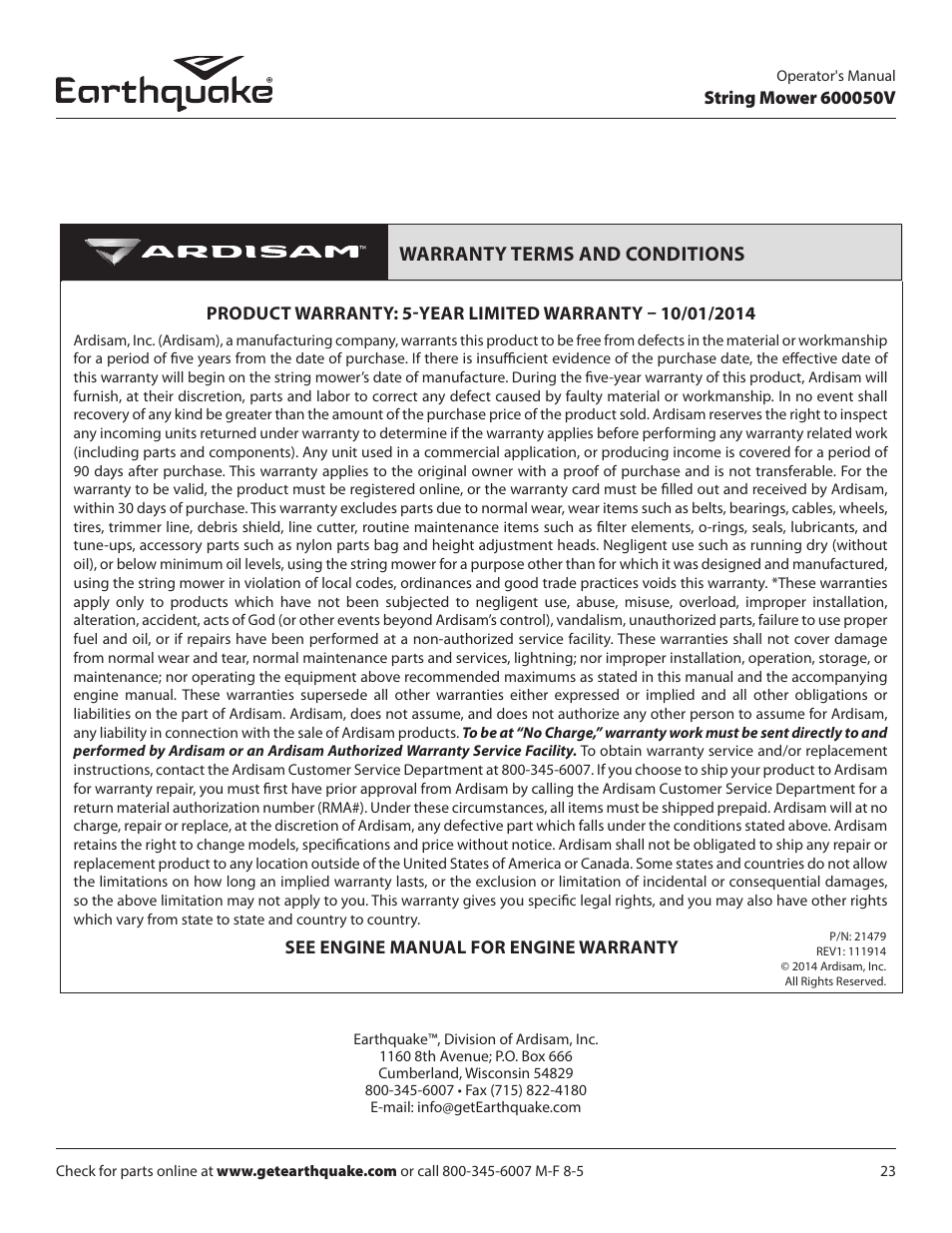 Warranty terms and conditions | EarthQuake 600050V User Manual | Page 23 / 24