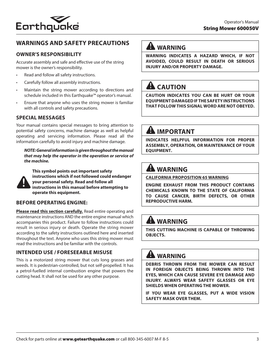 Caution, Important, Warnings and safety precautions | Warning | EarthQuake 600050V User Manual | Page 3 / 24