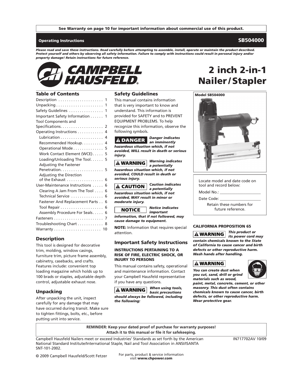 Campbell Hausfeld SB504000 User Manual | 32 pages