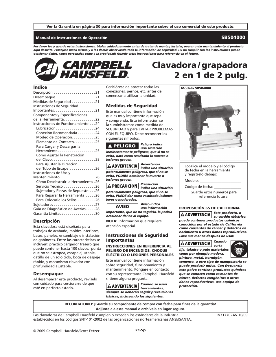 Clavadora / grapadora 2 en 1 de 2 pulg | Campbell Hausfeld SB504000 User Manual | Page 21 / 32