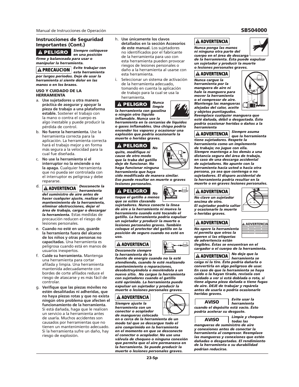 Instrucciones de seguridad importantes (cont.) | Campbell Hausfeld SB504000 User Manual | Page 23 / 32