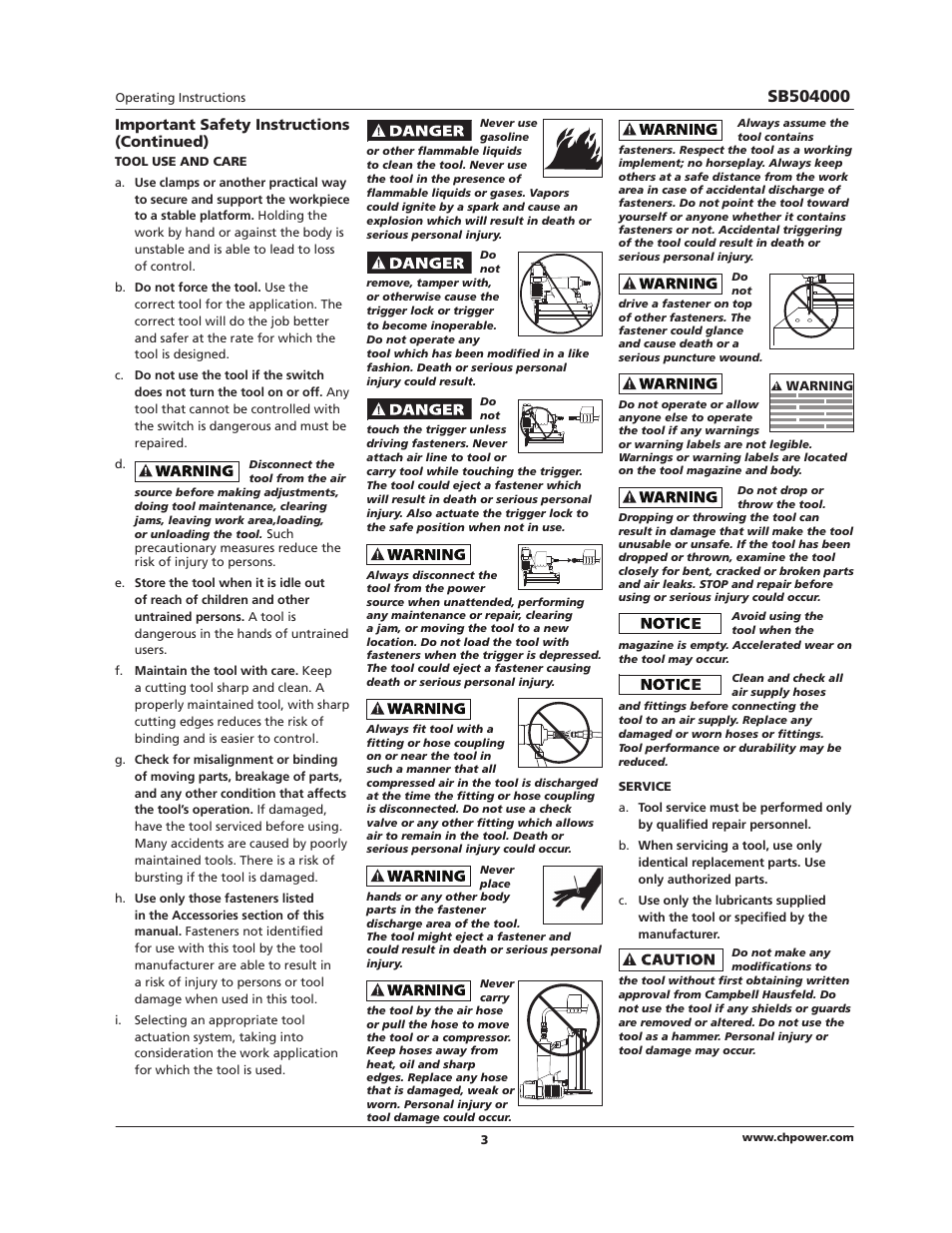 Important safety instructions (continued) | Campbell Hausfeld SB504000 User Manual | Page 3 / 32