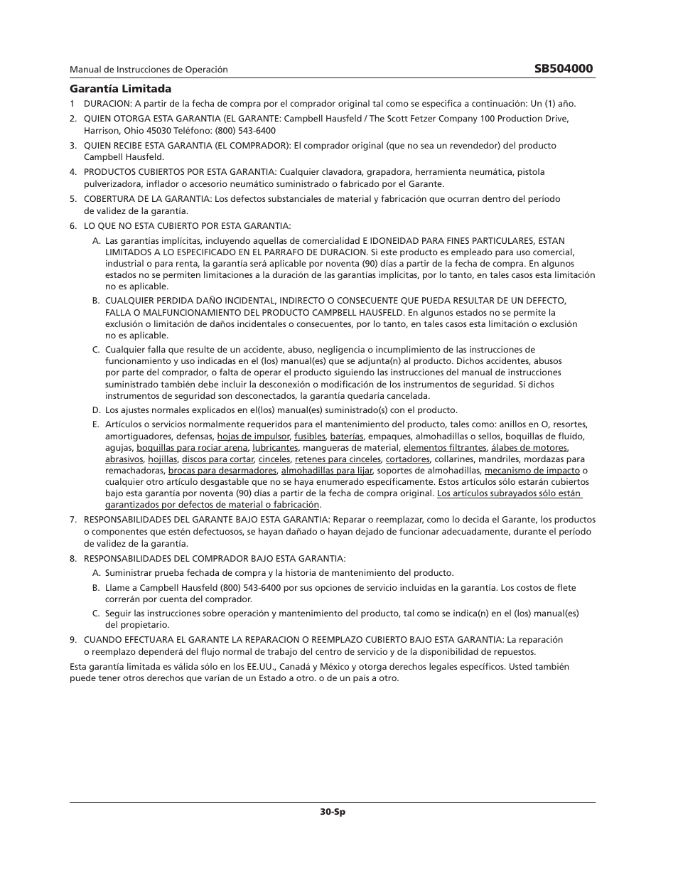 Campbell Hausfeld SB504000 User Manual | Page 30 / 32