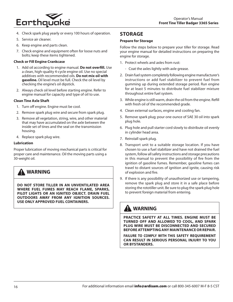 Warning storage, Warning | EarthQuake 16095 REV3 User Manual | Page 16 / 24