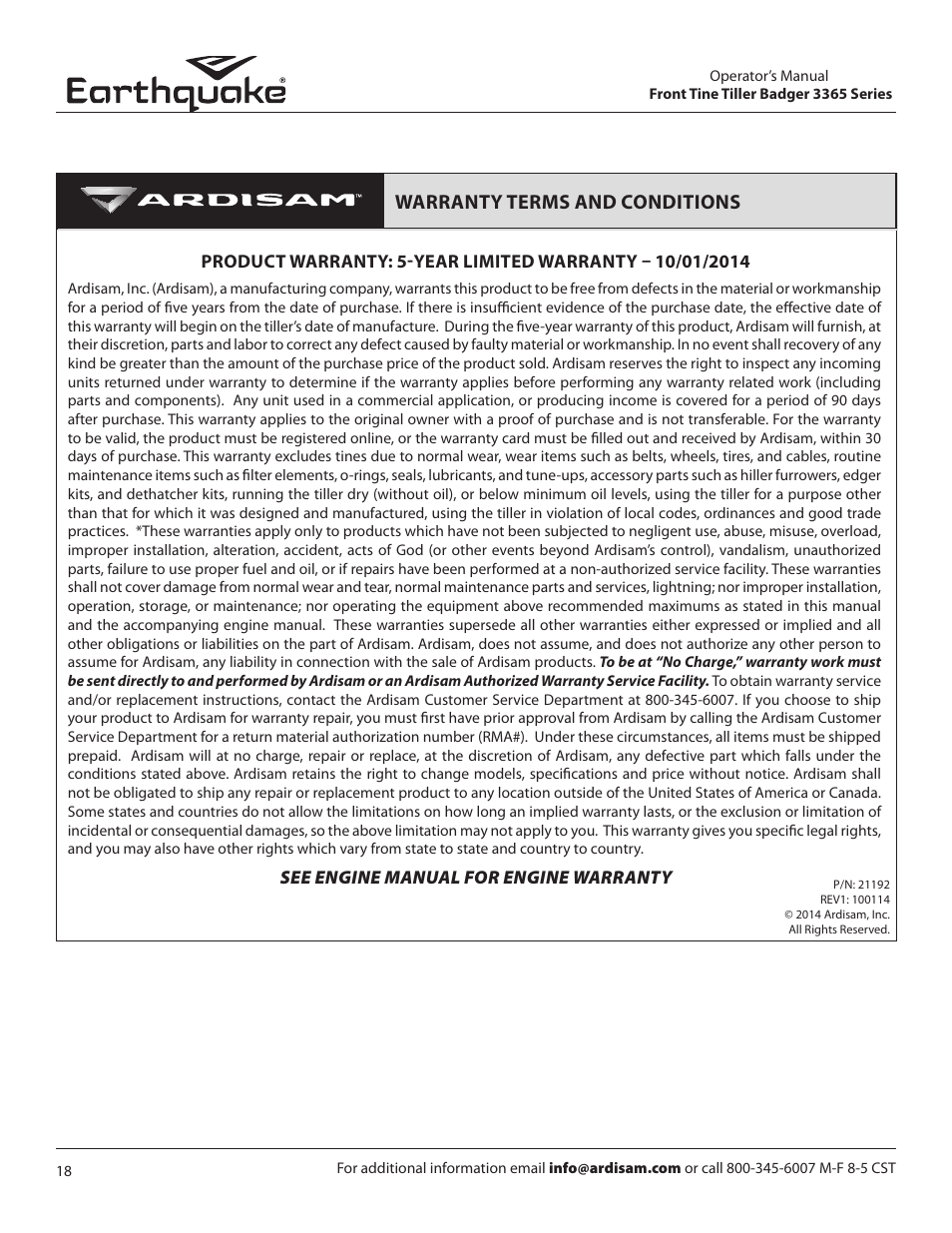 Warranty terms and conditions | EarthQuake 16095 REV3 User Manual | Page 18 / 24