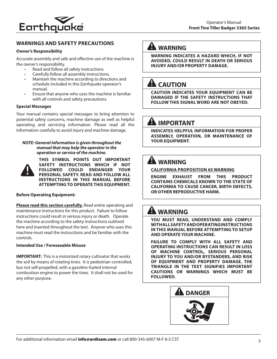 Caution, Important, Warning | Danger | EarthQuake 16095 REV3 User Manual | Page 3 / 24