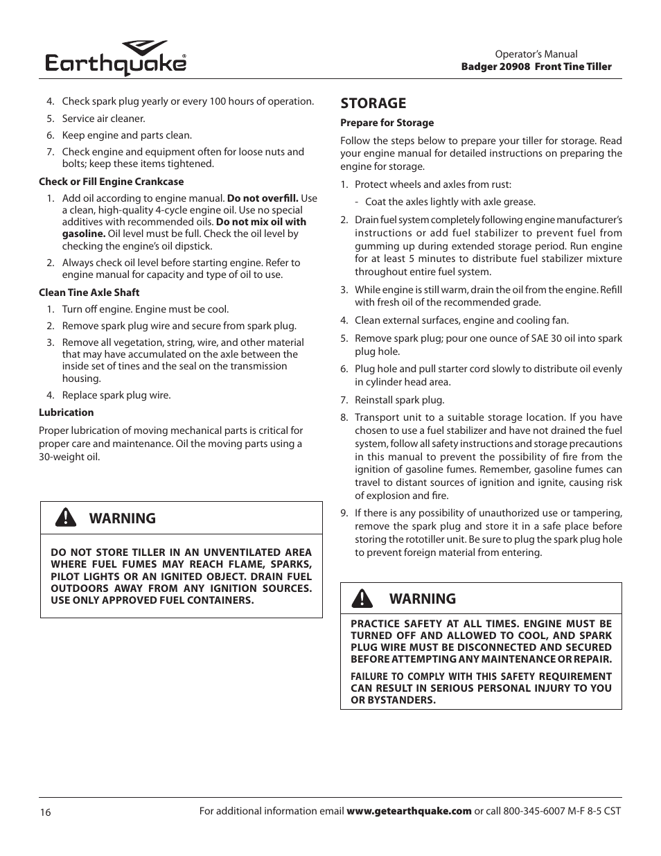 Warning storage, Warning | EarthQuake 20908 User Manual | Page 16 / 24