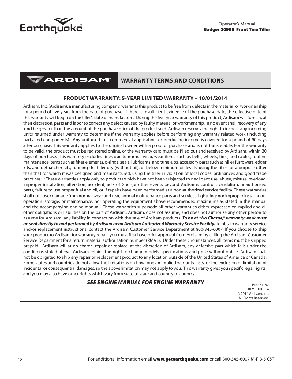 Warranty terms and conditions | EarthQuake 20908 User Manual | Page 18 / 24