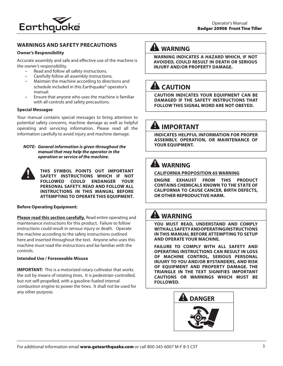 Caution, Important, Warning | Danger | EarthQuake 20908 User Manual | Page 3 / 24