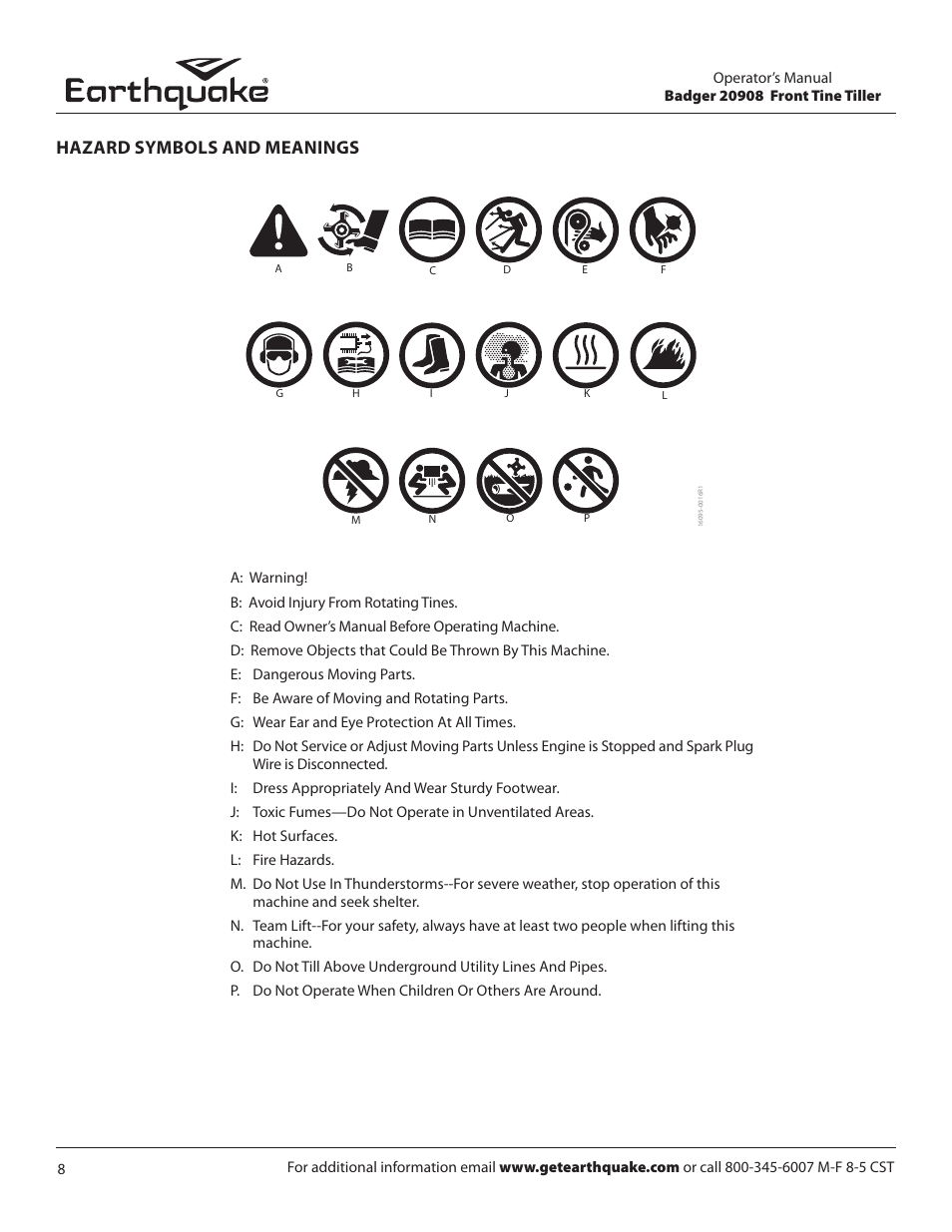 Hazard symbols and meanings | EarthQuake 20908 User Manual | Page 8 / 24