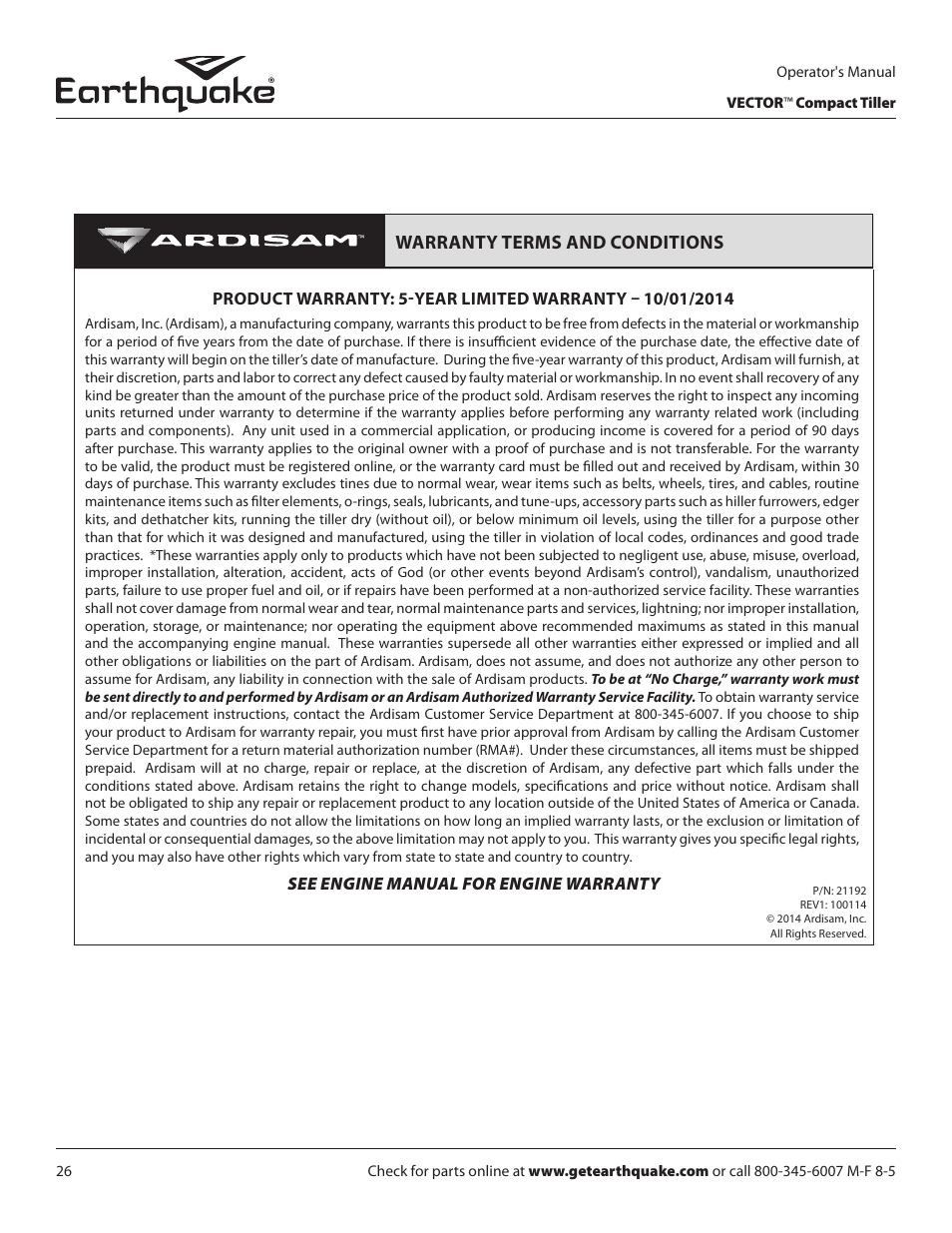 Warranty terms and conditions | EarthQuake 26750 User Manual | Page 26 / 28