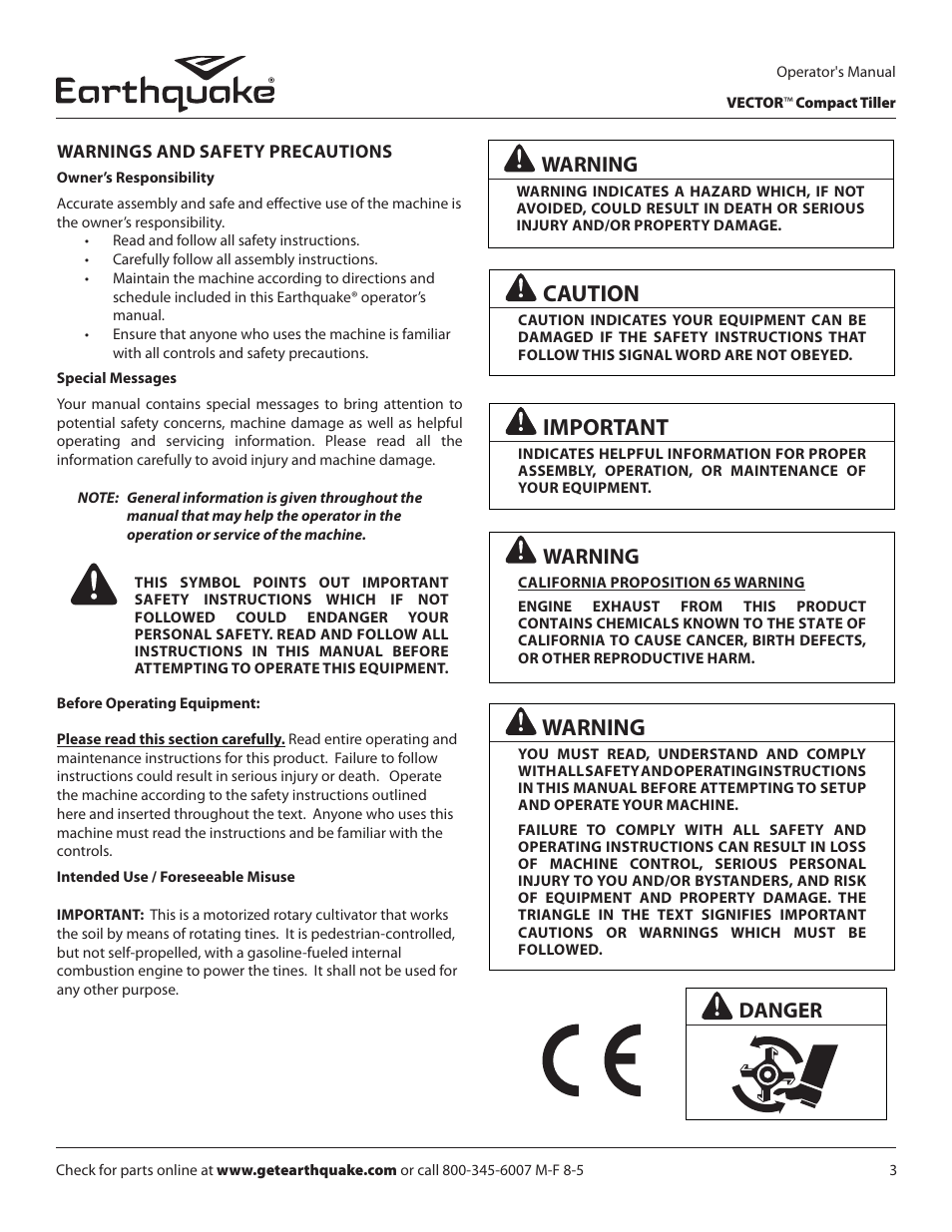 Caution, Important, Warning | Danger | EarthQuake 26750 User Manual | Page 3 / 28