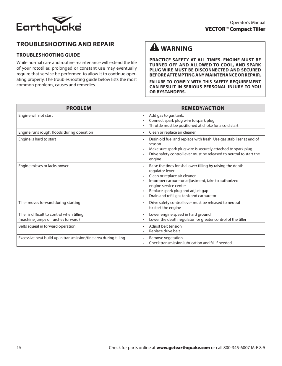 Warning, Troubleshooting and repair | EarthQuake 26750 User Manual | Page 16 / 72