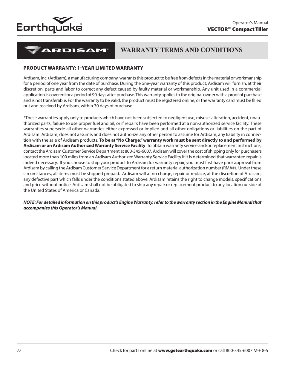 Warranty terms and conditions | EarthQuake 26750 User Manual | Page 22 / 72