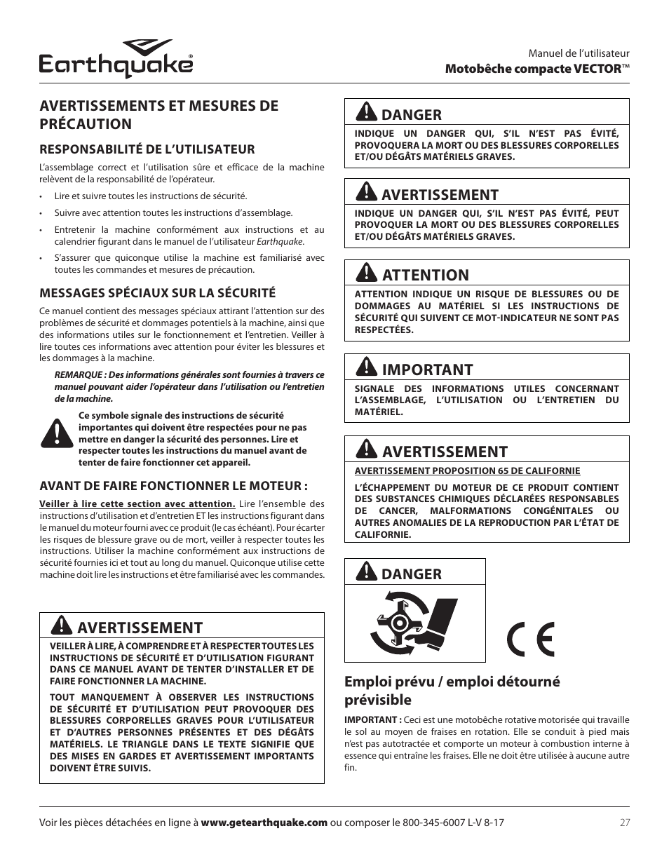 Attention, Important, Emploi prévu / emploi détourné prévisible | Avertissements et mesures de précaution, Avertissement, Danger | EarthQuake 26750 User Manual | Page 27 / 72