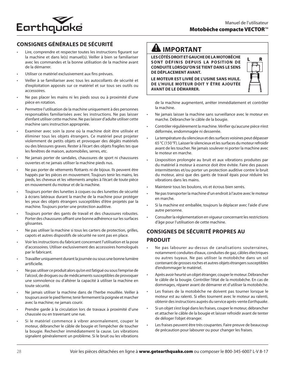 Important, Motobêche compacte vector, Consignes générales de sécurité | Consignes de sécurité propres au produit | EarthQuake 26750 User Manual | Page 28 / 72